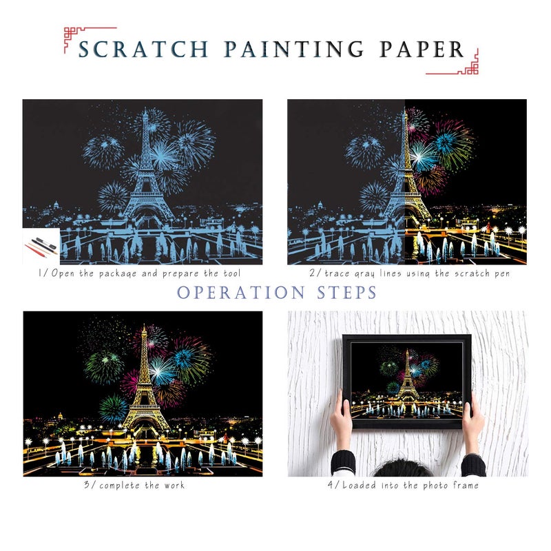 BOTEEN Scratch Rainbow Painting Art Paper,Scratch & Sketch Art for Adults,Scratch Painting Creative Gift Engraving Art & Craft Set,Sketch Pad DIY Scratchboard with 4 Tools,16''x11''(French Series) - Image 2